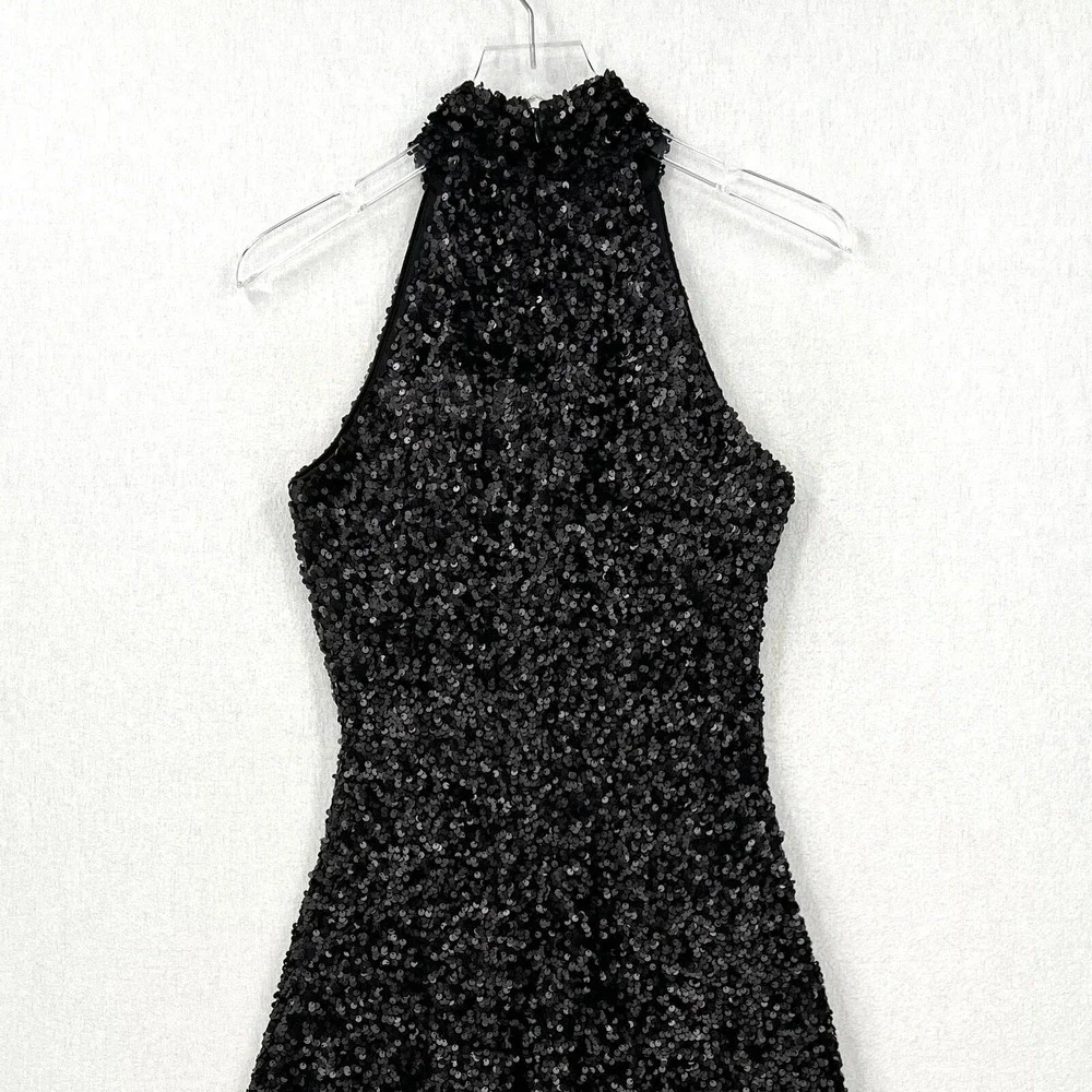CIEBON Signy Sequin Asymmetrical Gown Womens Small Black Halter Midi Sleeveless - Picture 6 of 16